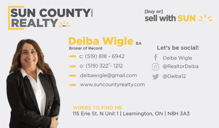 A business card for deiba wigle, realtor of sun county realty.